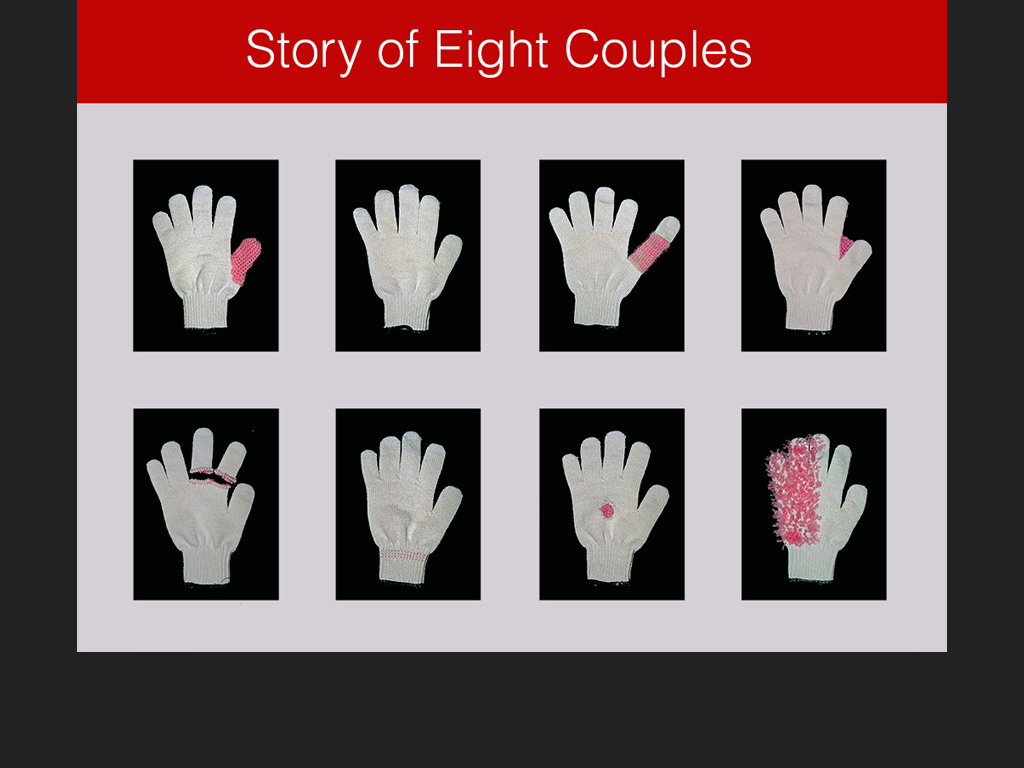 To begin with, I spent more time on installation work to continue exploring the relationship between the two genders. In this work “The Story of Eight Couples”, I used working gloves and woolen yarn a to symbolize the relationship between eight couples, each telling a different tale of what marriage life is all about. The work was one of the finalist in the Philippe Charriol Foundation 20th Anniversary Art Competition in 2005. 