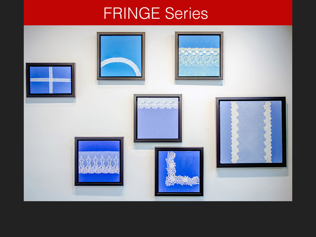 The series titled &quot;FRINGE&quot; was my first systemic attempt to re-invent the lost art of lacemaking. I collected different pieces factory-produced lace fabrics from factory outlets. I mounted my canvas on a square frame reminiscent of a quilting block. The background was deliberately flat and free from brush strokes, in contrast to the intricate black or white “needlework” textured with layer after layer of fine brush work.